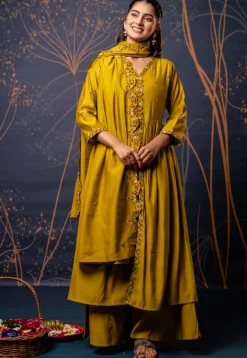 Embroidered Art Silk A Line Suit in Mustard