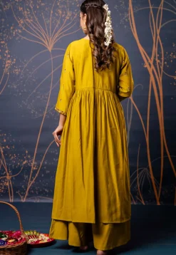 Embroidered Art Silk A Line Suit in Mustard