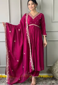 Embroidered Art Silk A Line Suit in Magenta