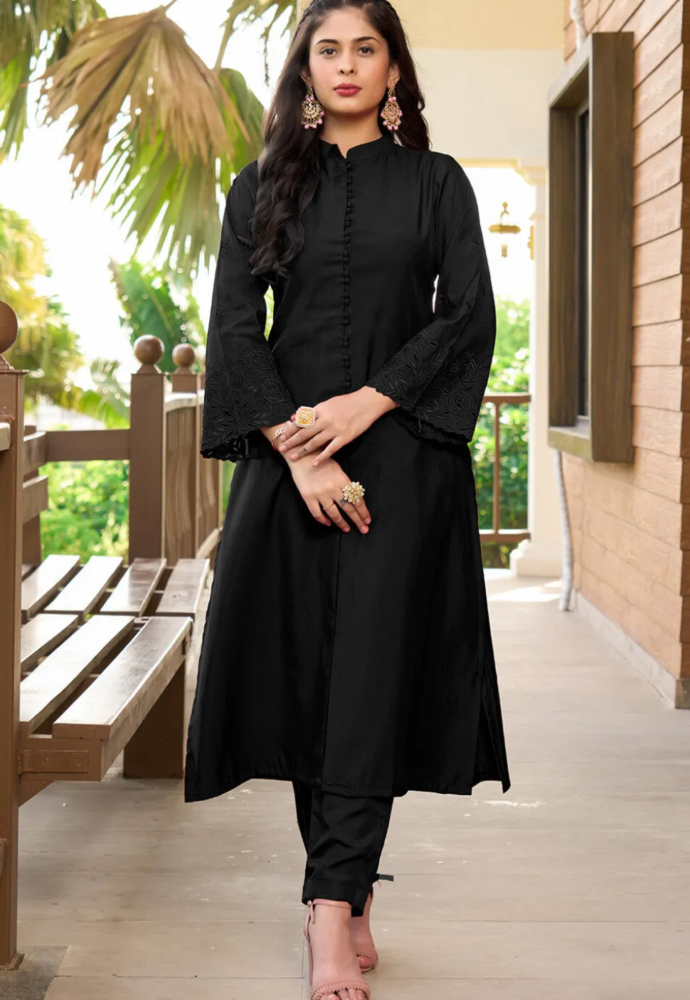 Embroidered Art Silk A Line Kurta in Black