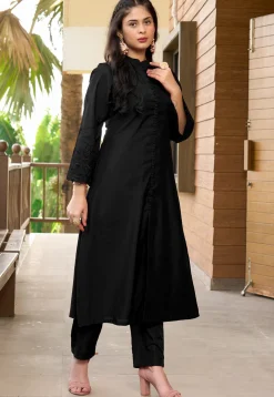 Embroidered Art Silk A Line Kurta in Black
