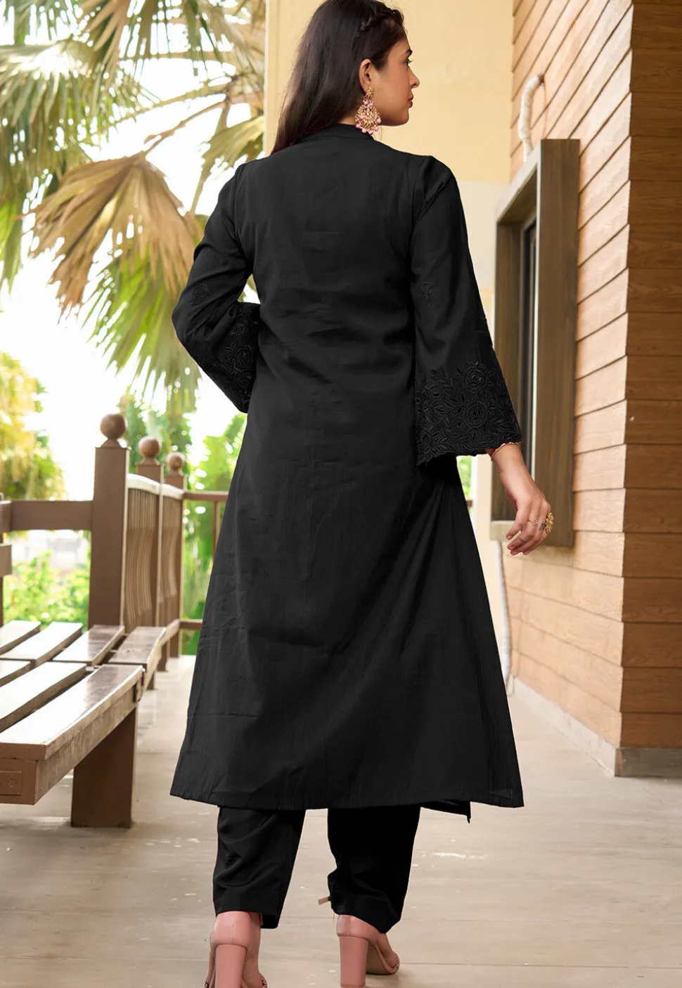 Embroidered Art Silk A Line Kurta in Black