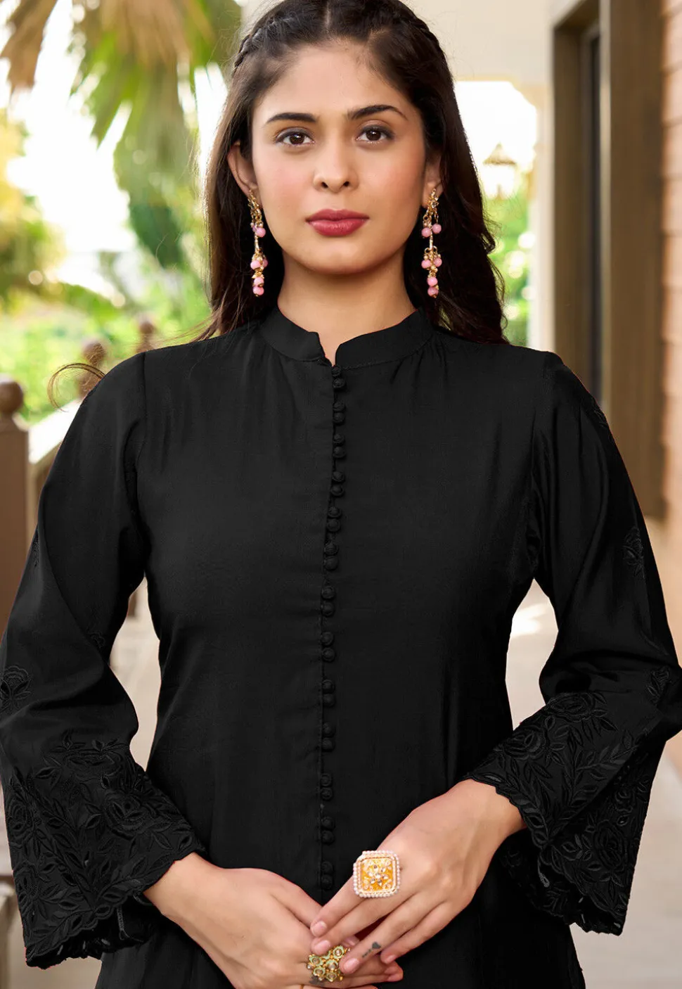 Embroidered Art Silk A Line Kurta in Black