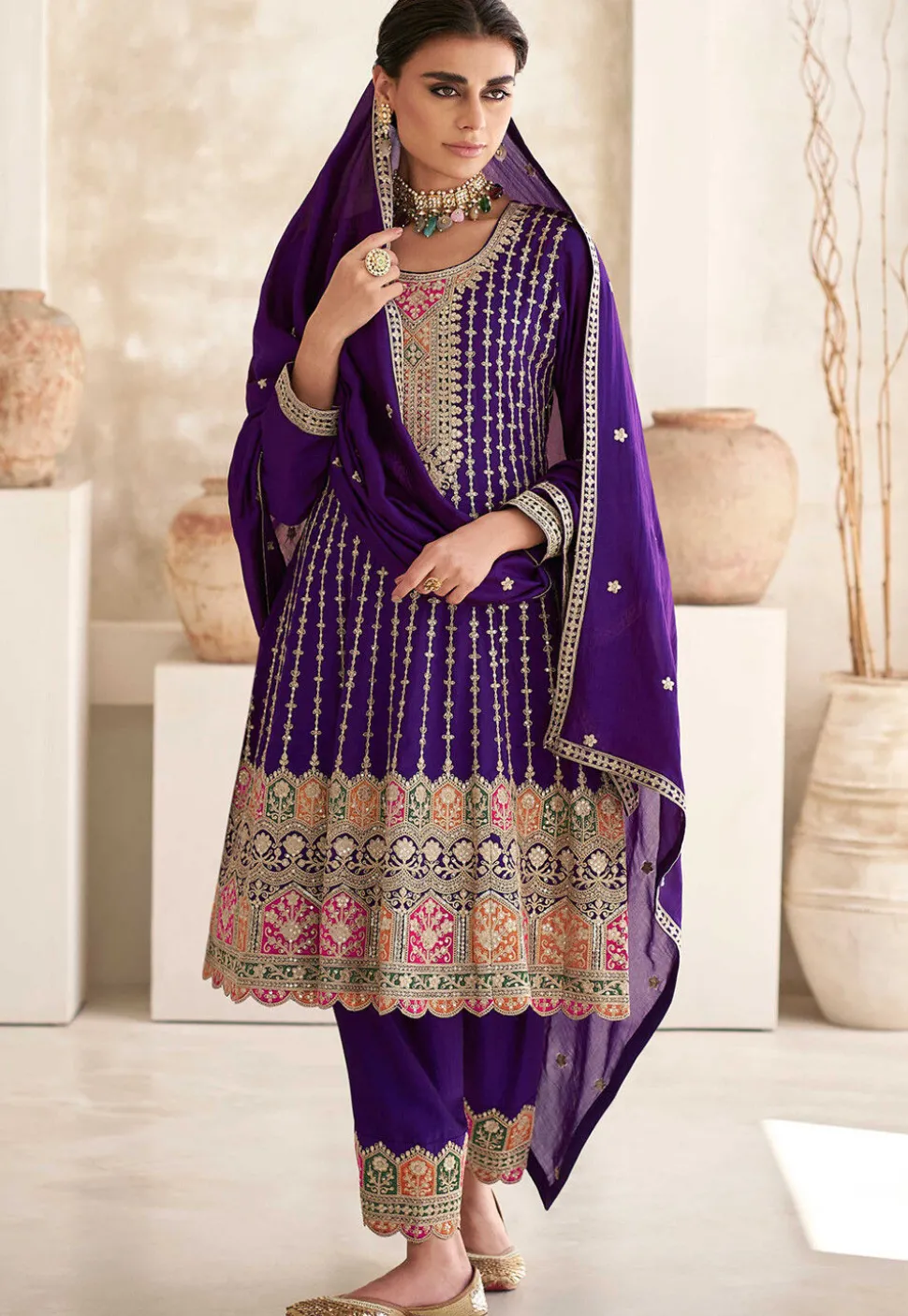 Embroidered Art Silk A line Suit in Purple