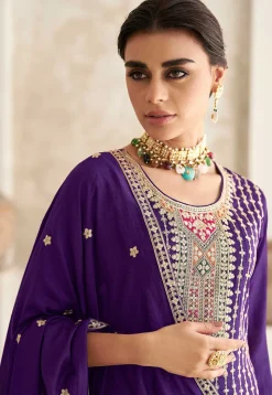 Embroidered Art Silk A line Suit in Purple