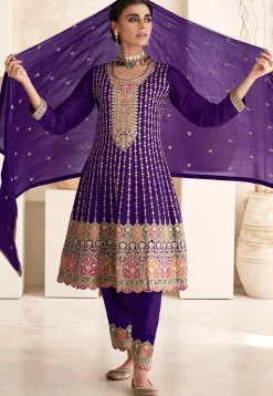 Embroidered Art Silk A line Suit in Purple