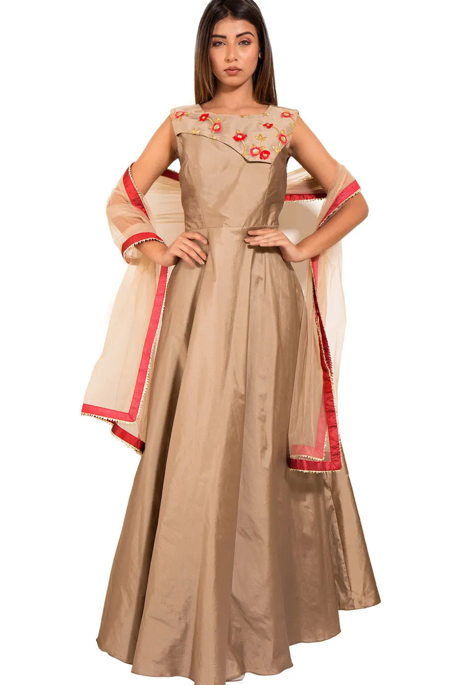 Embroidered Art Silk Abaya Style Suit in Copper