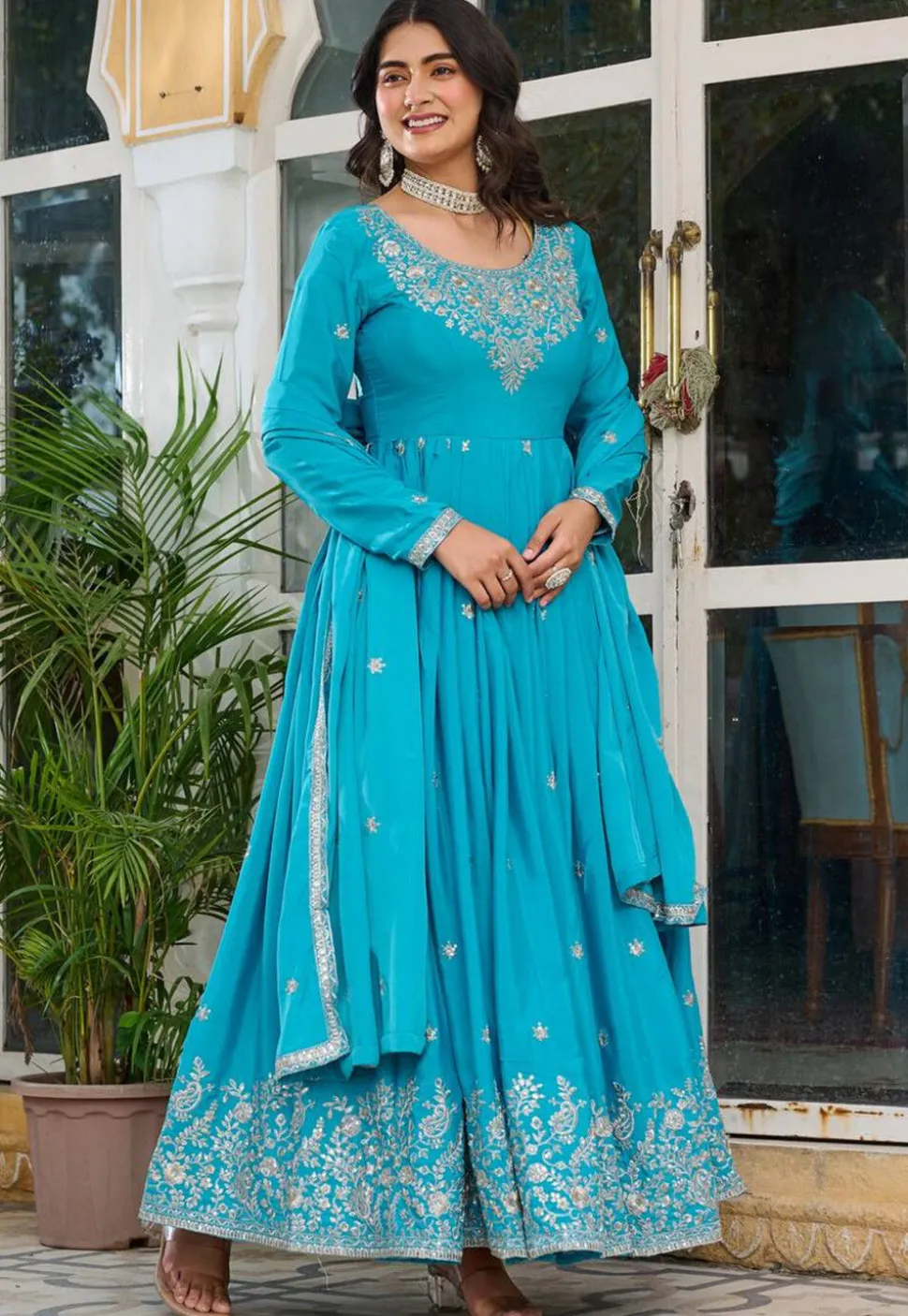 Embroidered Art Silk Abaya Style Suit in Sky Blue