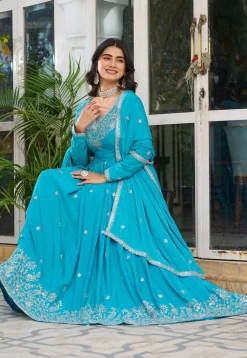 Embroidered Art Silk Abaya Style Suit in Sky Blue