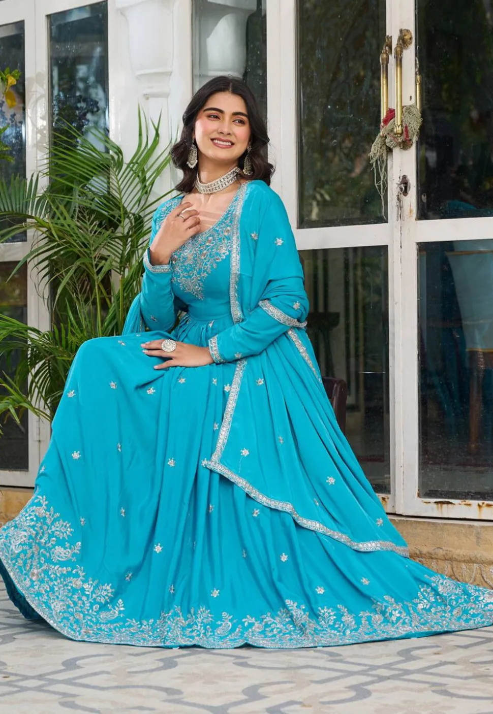 Embroidered Art Silk Abaya Style Suit in Sky Blue