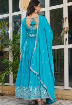 Embroidered Art Silk Abaya Style Suit in Sky Blue