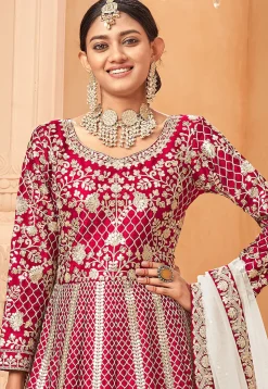 Embroidered Art Silk Abaya Style Suit in Fuchsia