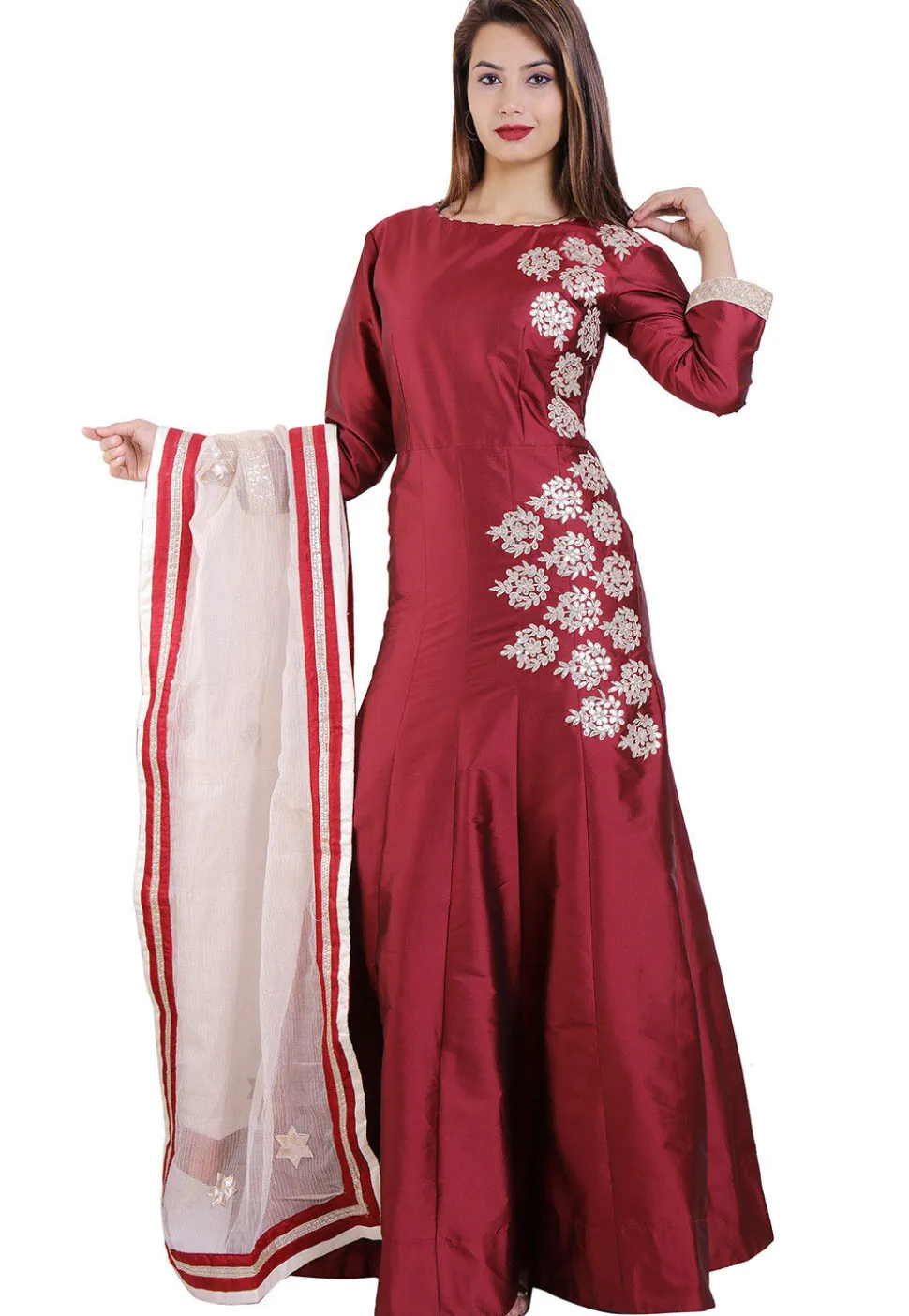 Embroidered Art Silk Abaya Style Suit in Maroon