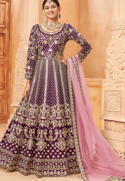 Embroidered Art Silk Abaya Style Suit in Purple