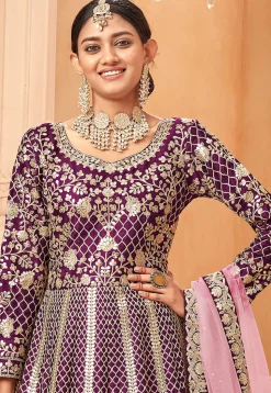 Embroidered Art Silk Abaya Style Suit in Purple