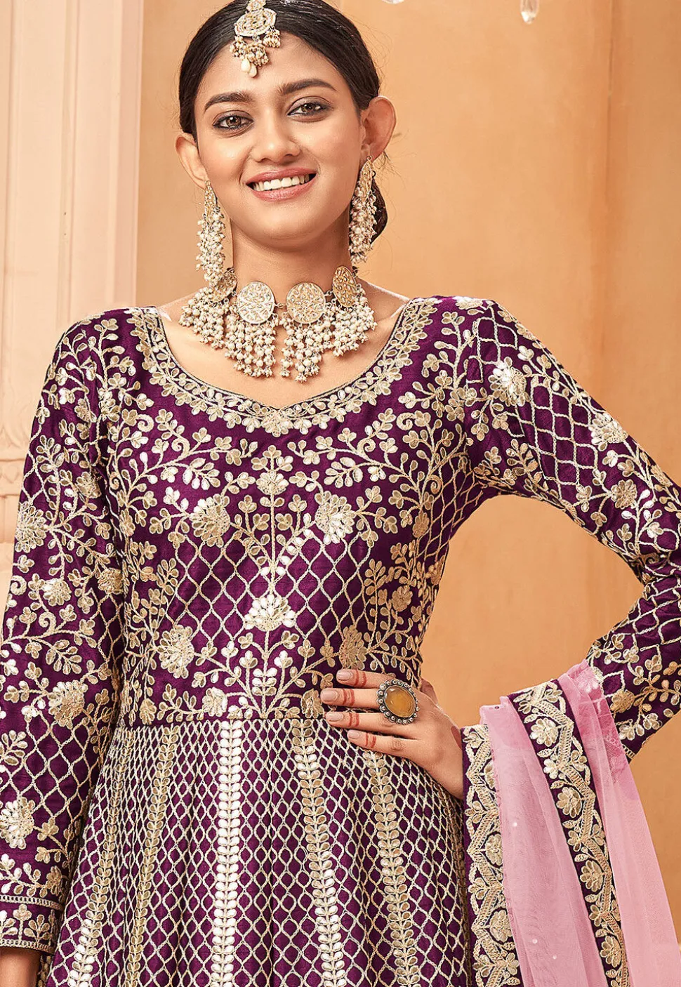 Embroidered Art Silk Abaya Style Suit in Purple