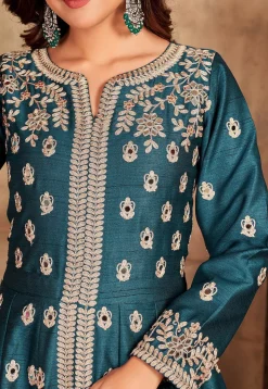 Embroidered Art Silk Abaya Style Suit in Teal Blue