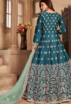 Embroidered Art Silk Abaya Style Suit in Teal Blue