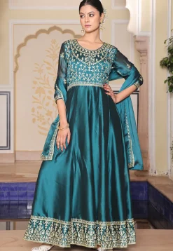 Embroidered Art Silk Abaya Style Suit in Teal Blue