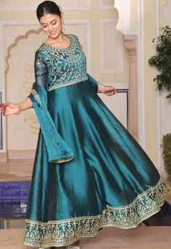 Embroidered Art Silk Abaya Style Suit in Teal Blue