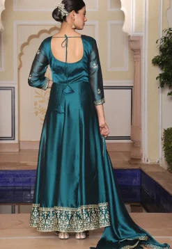 Embroidered Art Silk Abaya Style Suit in Teal Blue