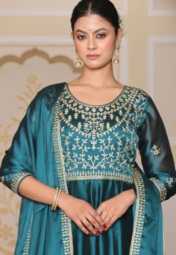 Embroidered Art Silk Abaya Style Suit in Teal Blue