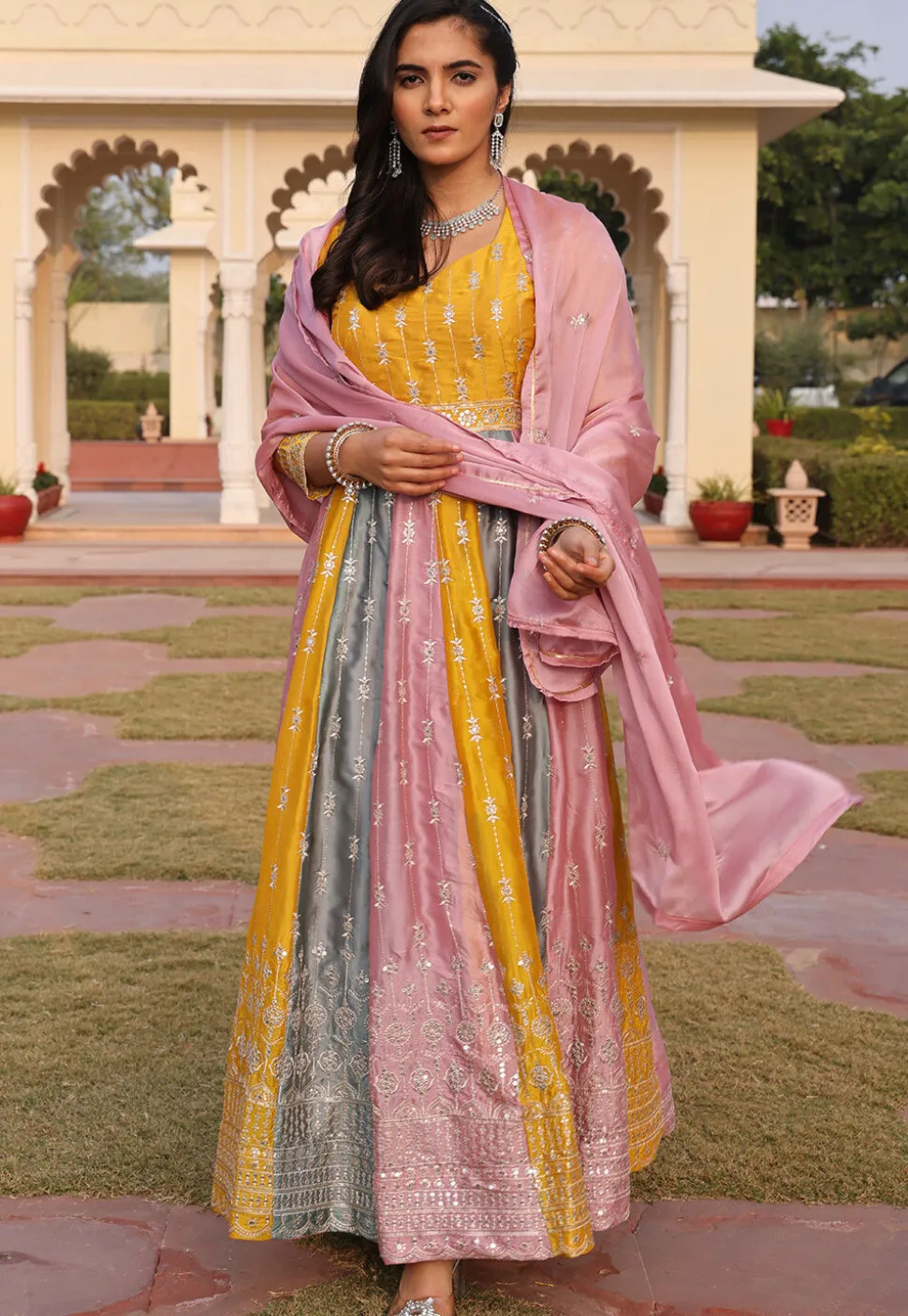 Embroidered Art Silk Abaya Style Suit in Yellow
