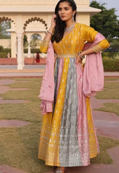 Embroidered Art Silk Abaya Style Suit in Yellow