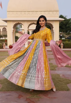 Embroidered Art Silk Abaya Style Suit in Yellow