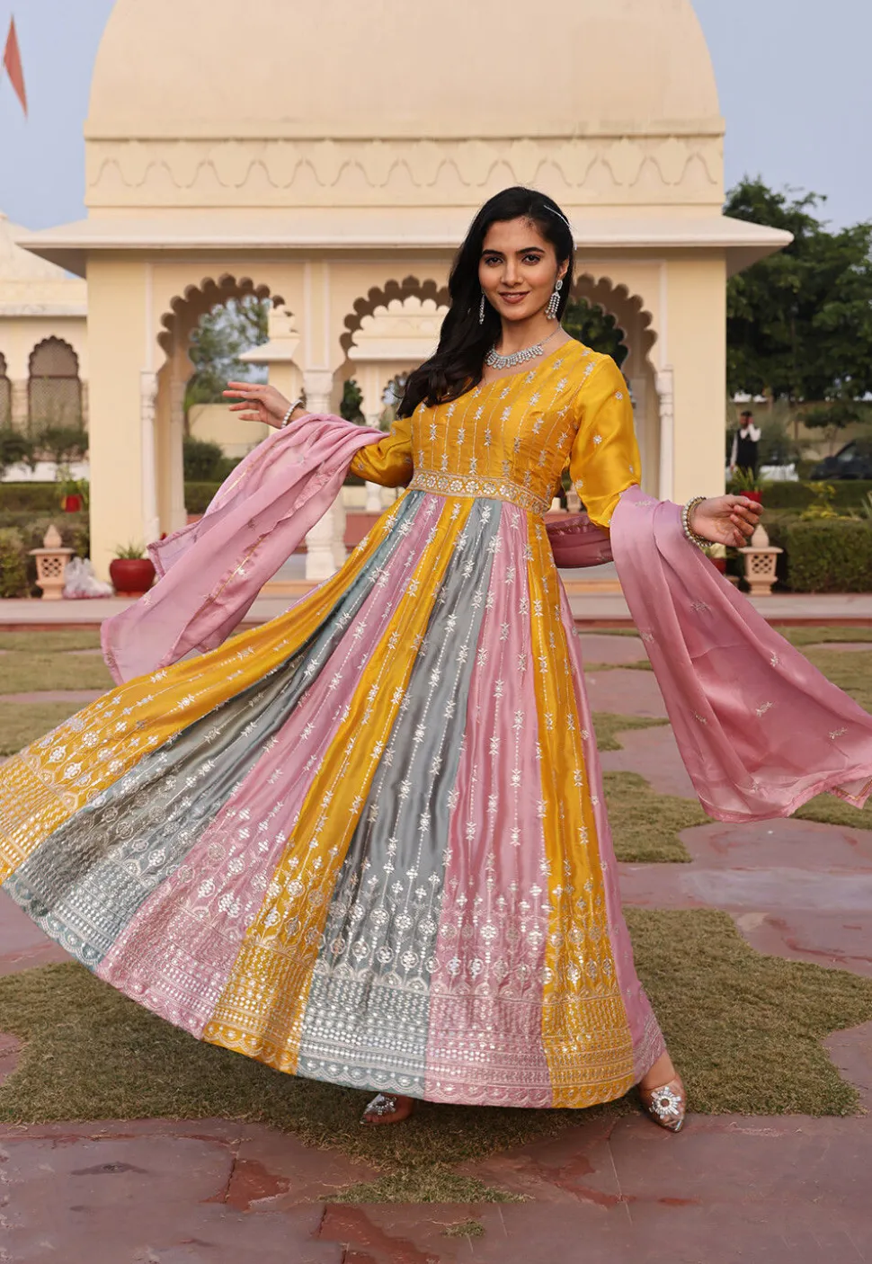 Embroidered Art Silk Abaya Style Suit in Yellow