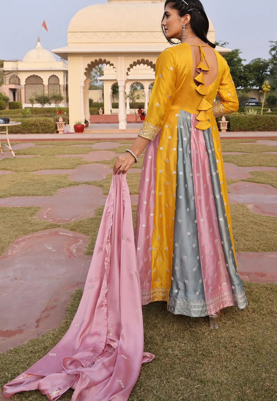 Embroidered Art Silk Abaya Style Suit in Yellow