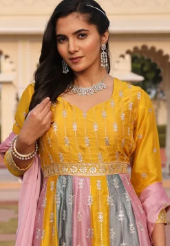 Embroidered Art Silk Abaya Style Suit in Yellow