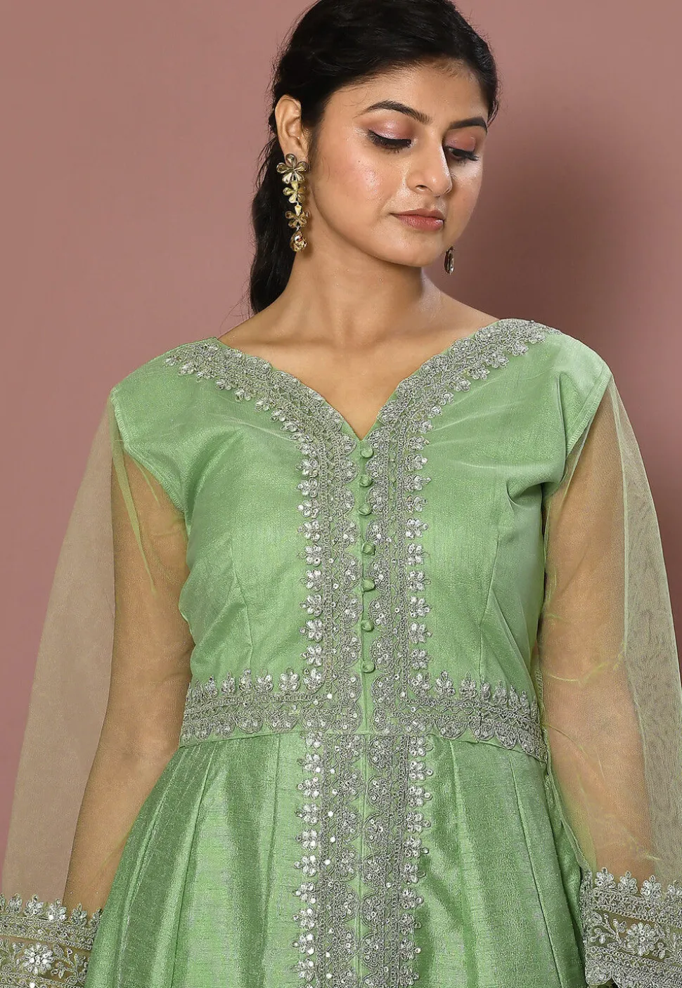 Embroidered Art Silk Abaya Style Suit in Pastel Green