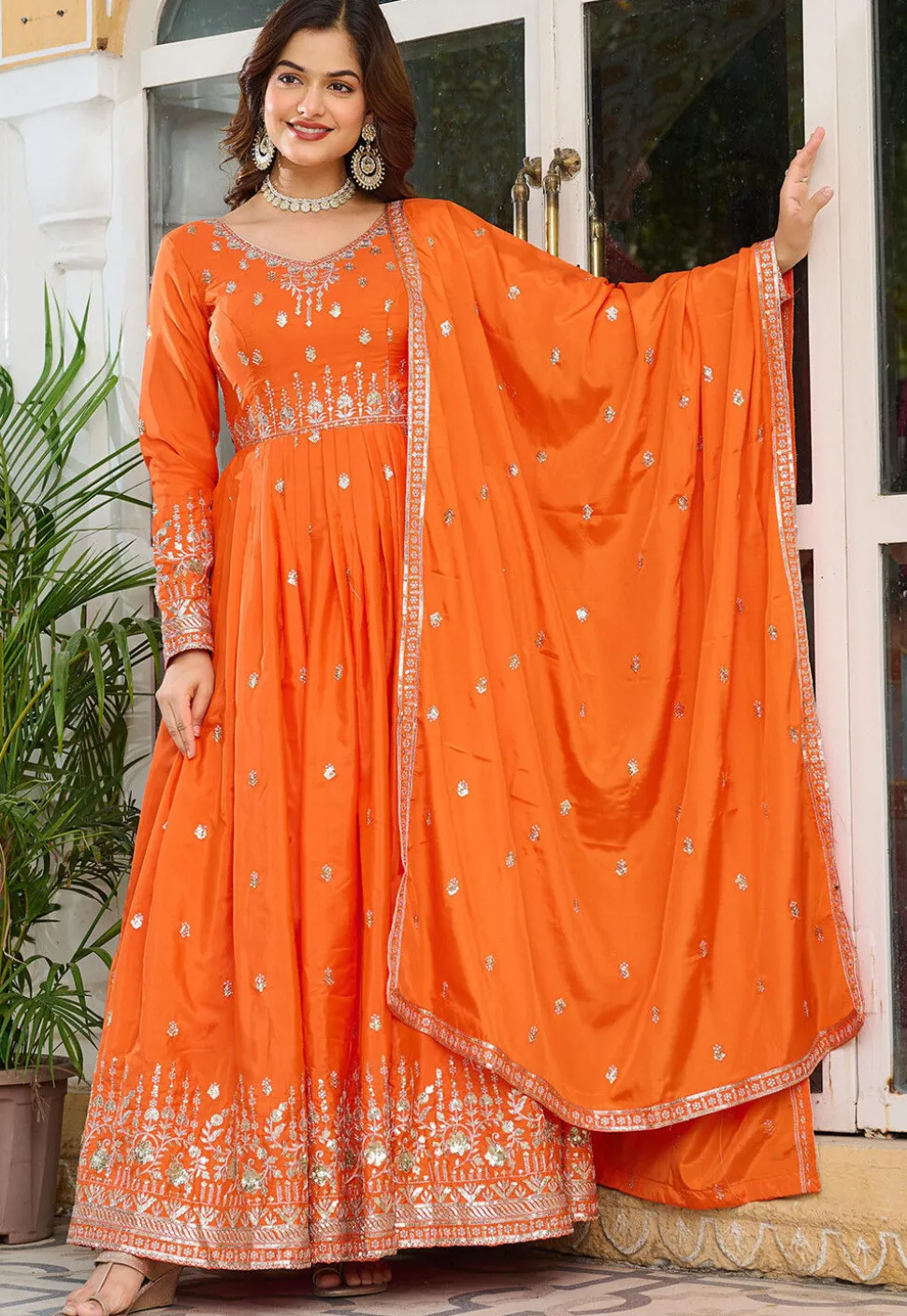 Embroidered Art Silk Abaya Style Suit in Orange