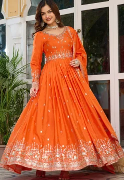 Embroidered Art Silk Abaya Style Suit in Orange