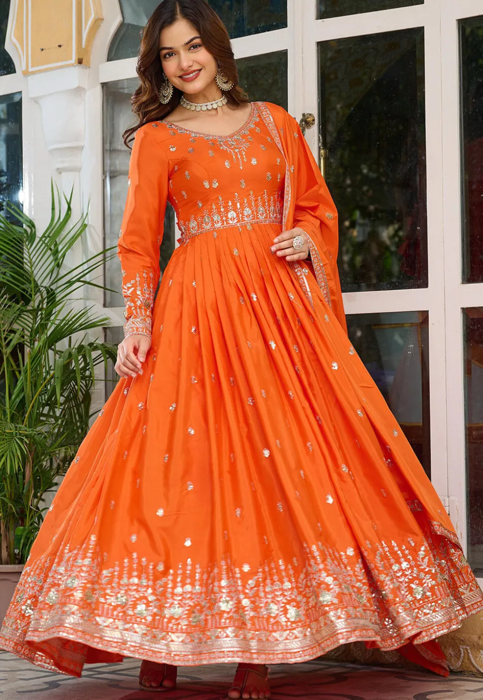 Embroidered Art Silk Abaya Style Suit in Orange