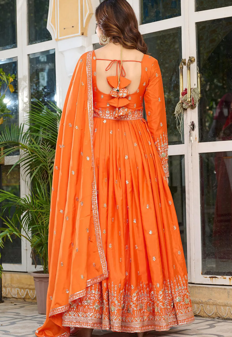 Embroidered Art Silk Abaya Style Suit in Orange