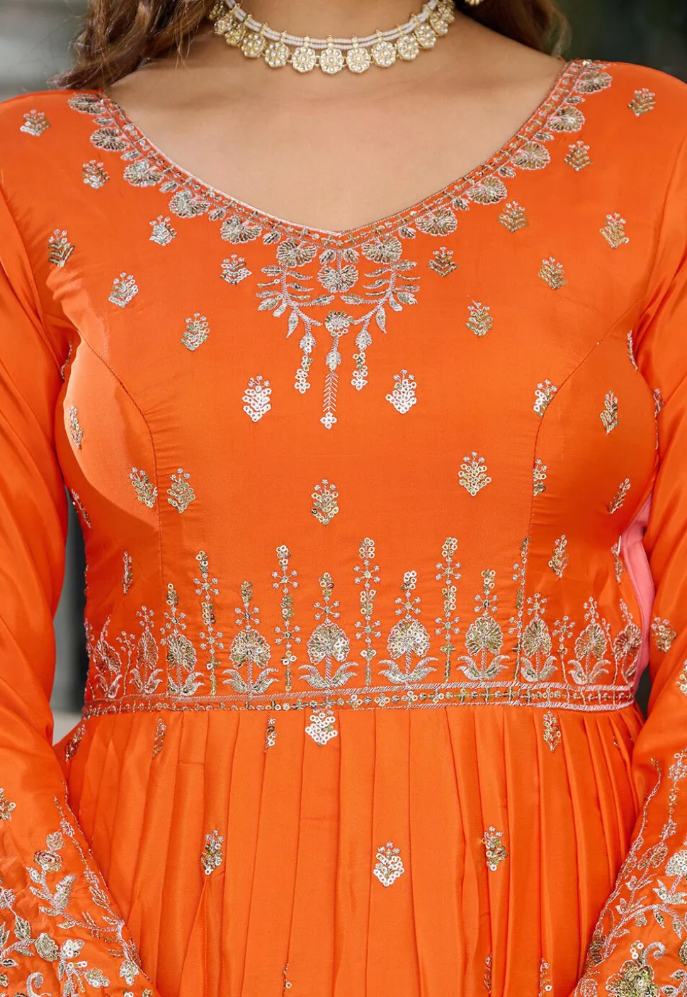 Embroidered Art Silk Abaya Style Suit in Orange