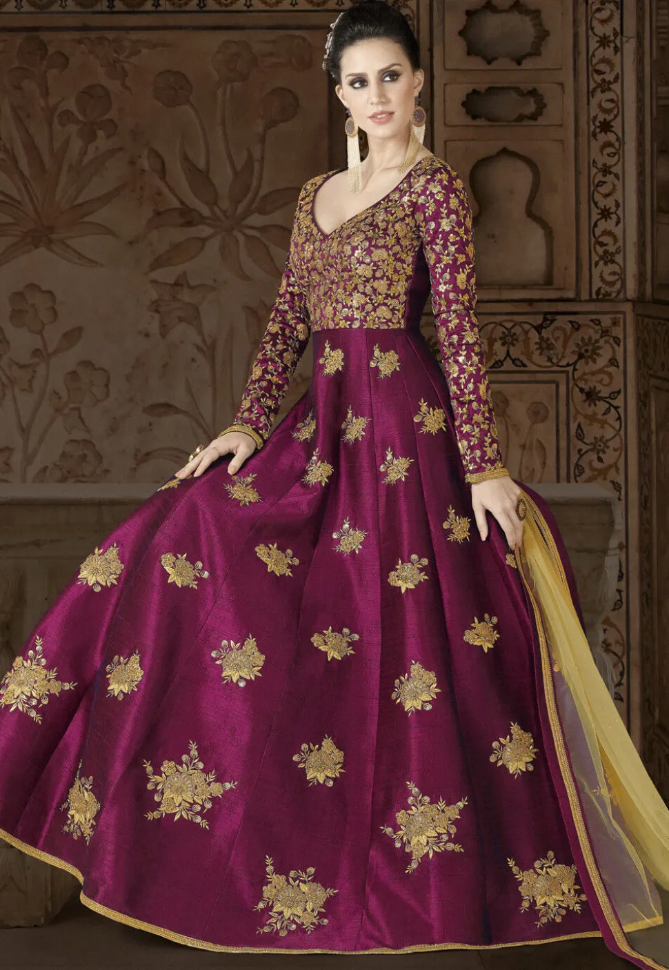 Embroidered Art Silk Abaya Style Suit in Magenta