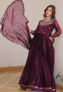 Embroidered Art Silk Abaya Style Suit in Purple