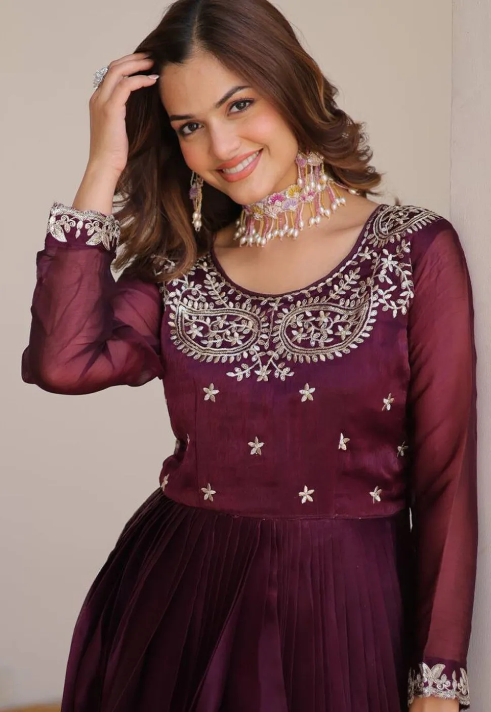 Embroidered Art Silk Abaya Style Suit in Purple