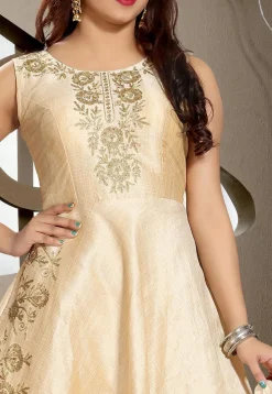 Embroidered Art Silk Abaya Style Suit in Light Beige