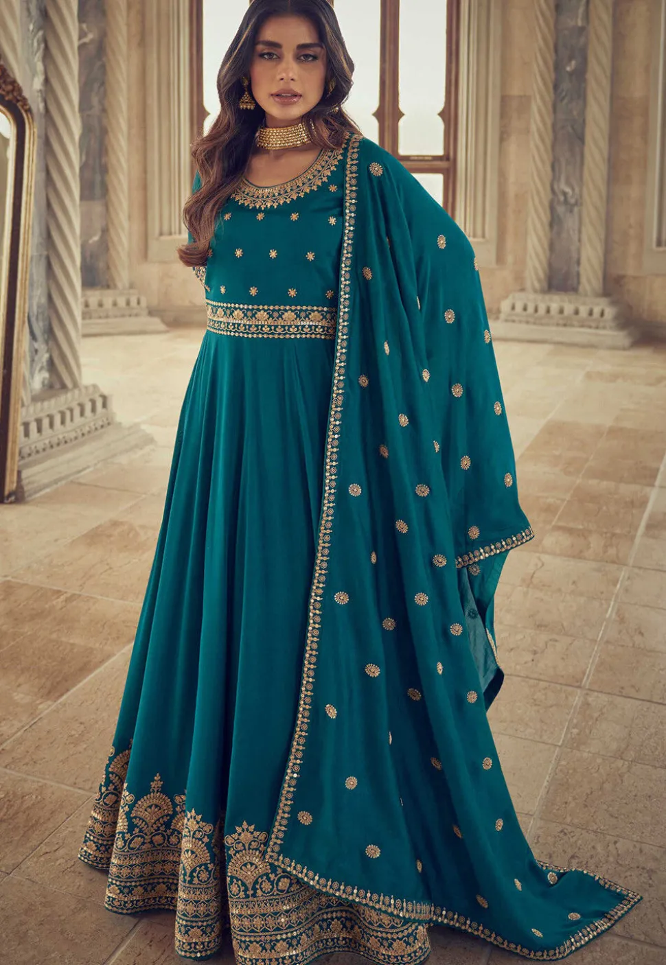 Embroidered Art Silk Abaya Style Suit in Teal Blue