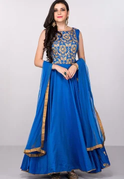 Embroidered Art Silk Abaya Style Suit in Royal Blue