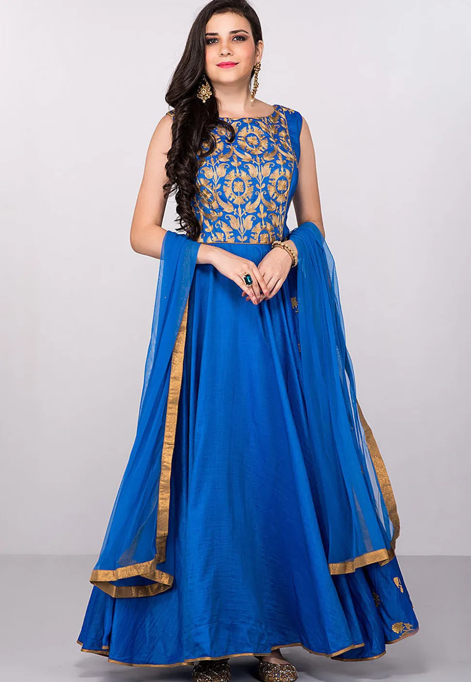 Embroidered Art Silk Abaya Style Suit in Royal Blue
