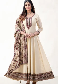Embroidered Art Silk Abaya Style Suit in Cream