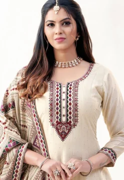 Embroidered Art Silk Abaya Style Suit in Cream