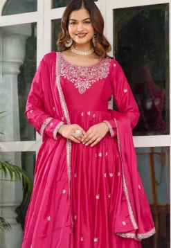 Embroidered Art Silk Abaya Style Suit in Fuchsia