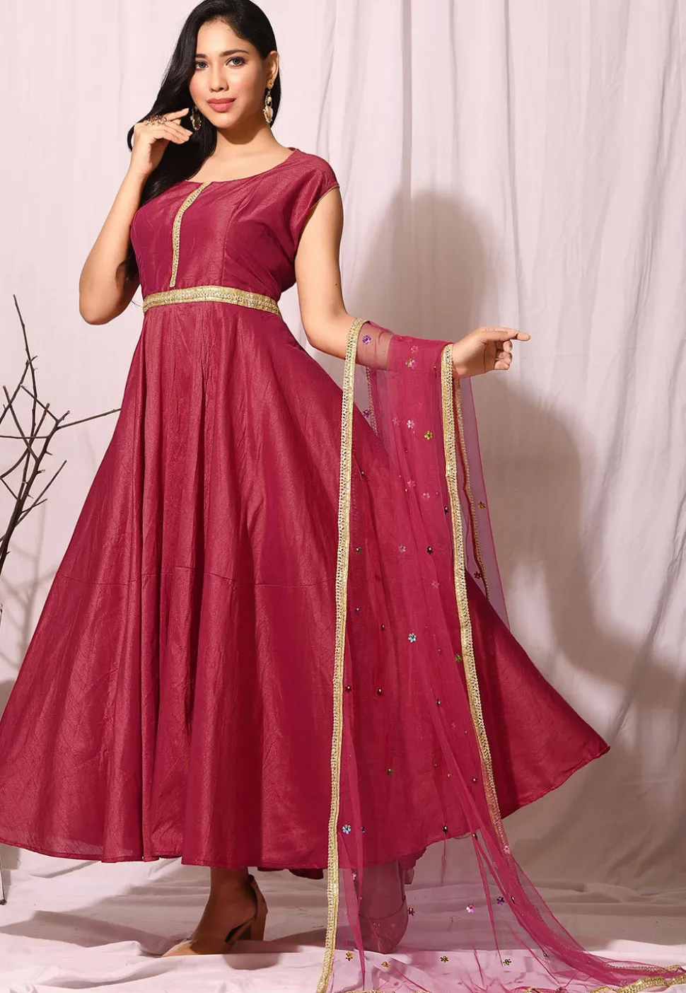 Embroidered Art Silk Abaya Style Suit in Red