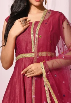 Embroidered Art Silk Abaya Style Suit in Red